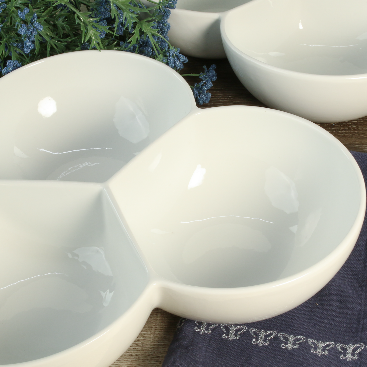 White Porcelain Three-Section Serving Bowls, 1-Quart, Set of 2 - Image 8
