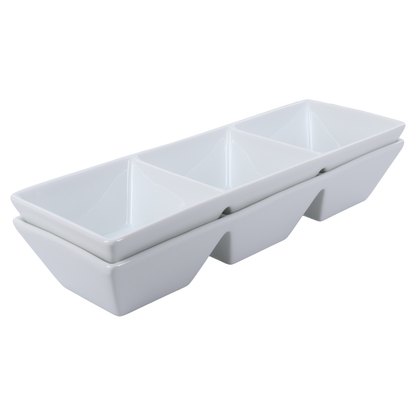 White Porcelain Three-Compartment Serving Trays, 11.75-Inch, Set of 2 - Image 3