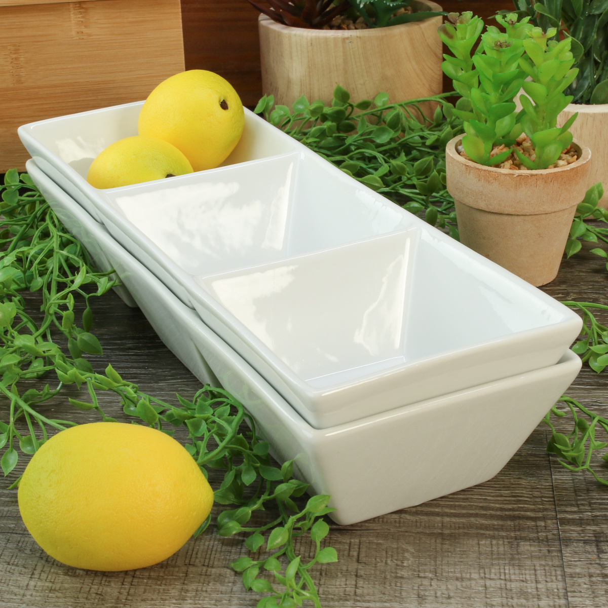 White Porcelain Three-Compartment Serving Trays, 11.75-Inch, Set of 2 - Image 7