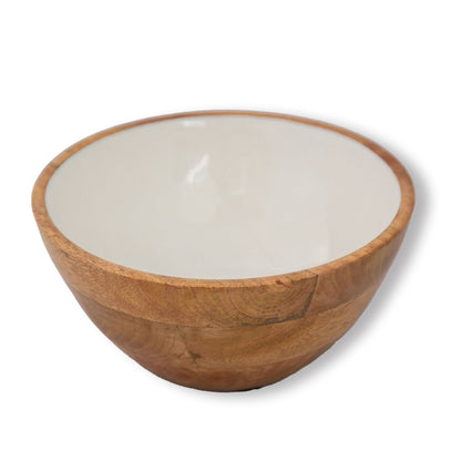 White Enamel Mango Wood Serving Bowl, Medium - Image 1