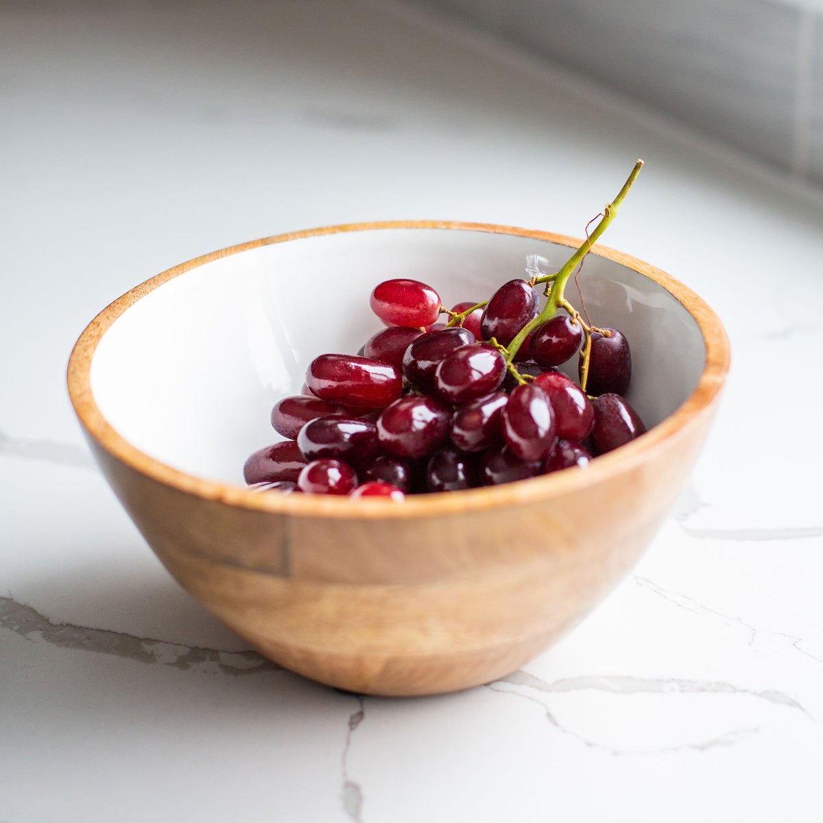 White Enamel Mango Wood Serving Bowl, Medium - Image 2