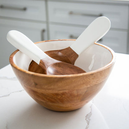 White Enamel Mango Wood Serving Bowl, Medium - Image 4