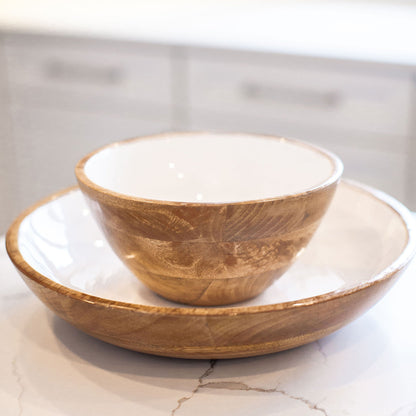 White Enamel Mango Wood Serving Bowl, Medium - Image 3
