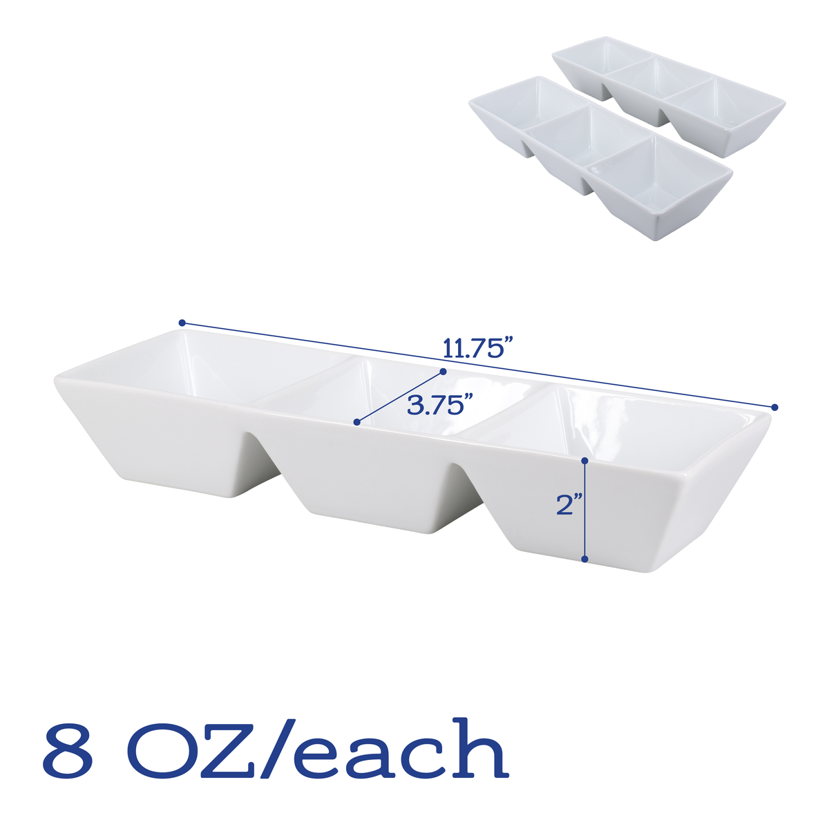 White Porcelain Three-Compartment Serving Trays, 11.75-Inch, Set of 2 - Image 4