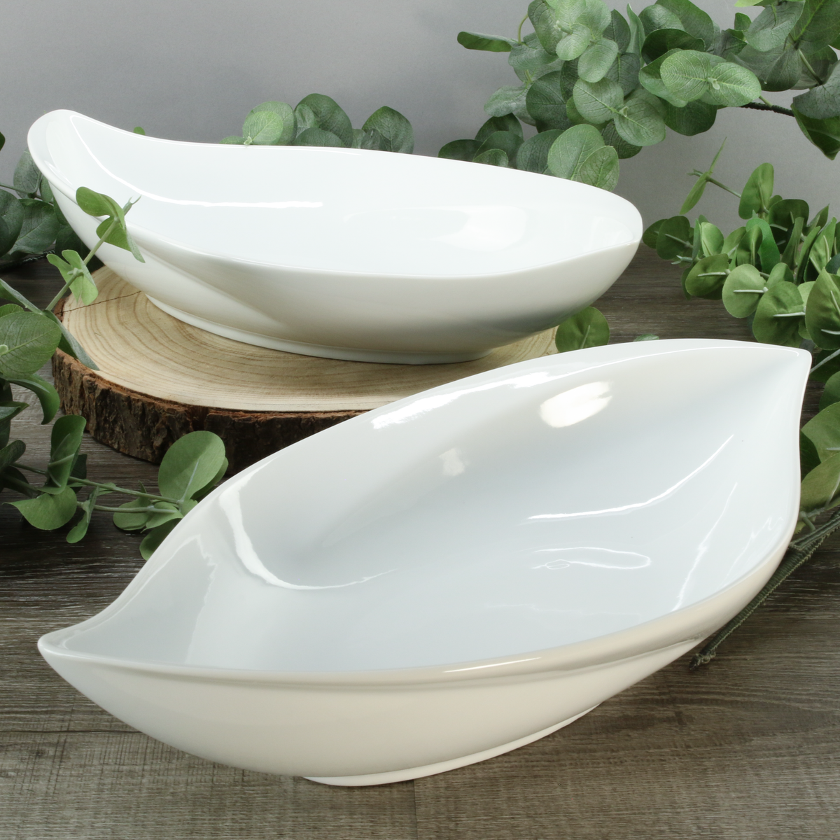 White Porcelain Leaf Serving Bowls, 16-Inch, Set of 2 - Image 2