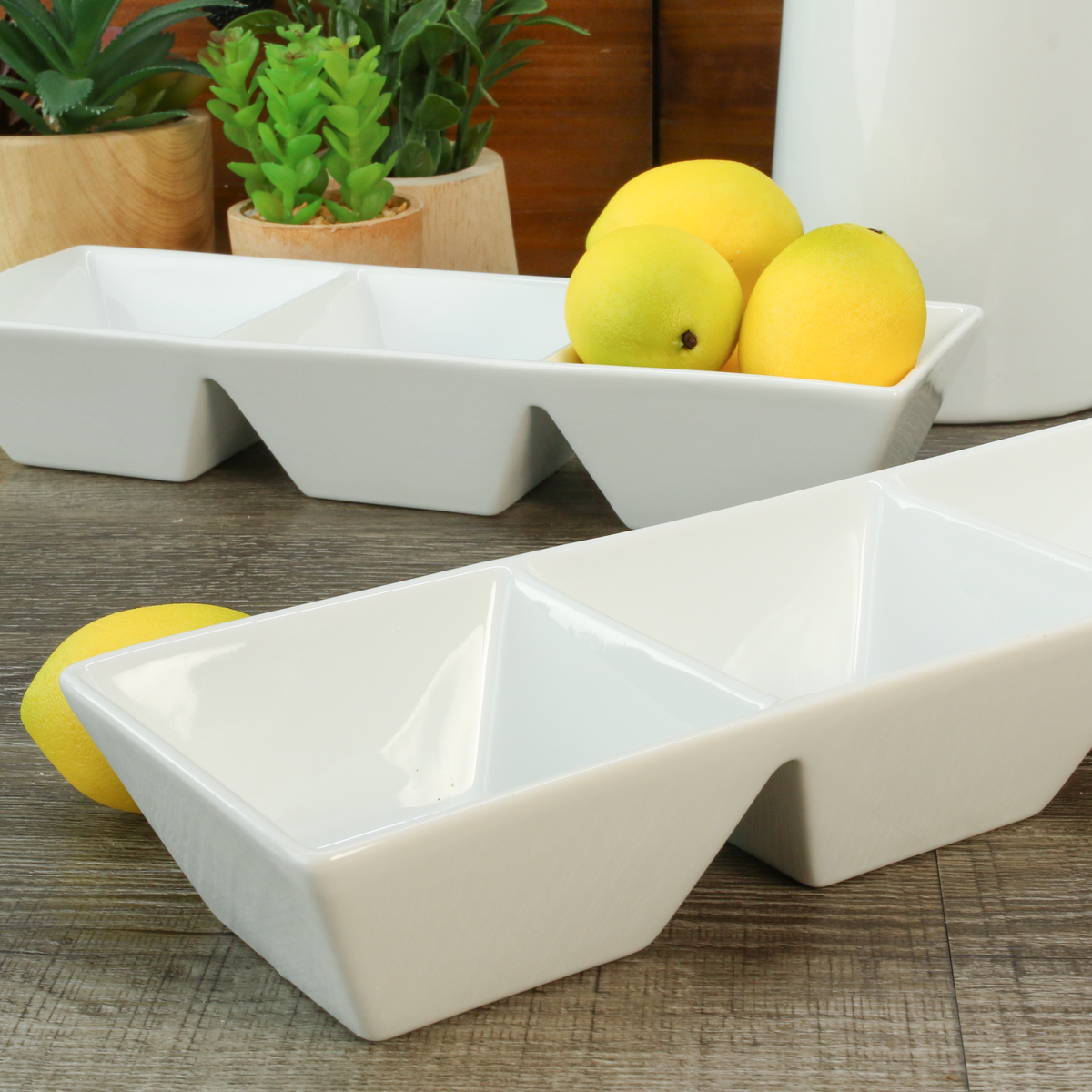 White Porcelain Three-Compartment Serving Trays, 11.75-Inch, Set of 2 - Image 6