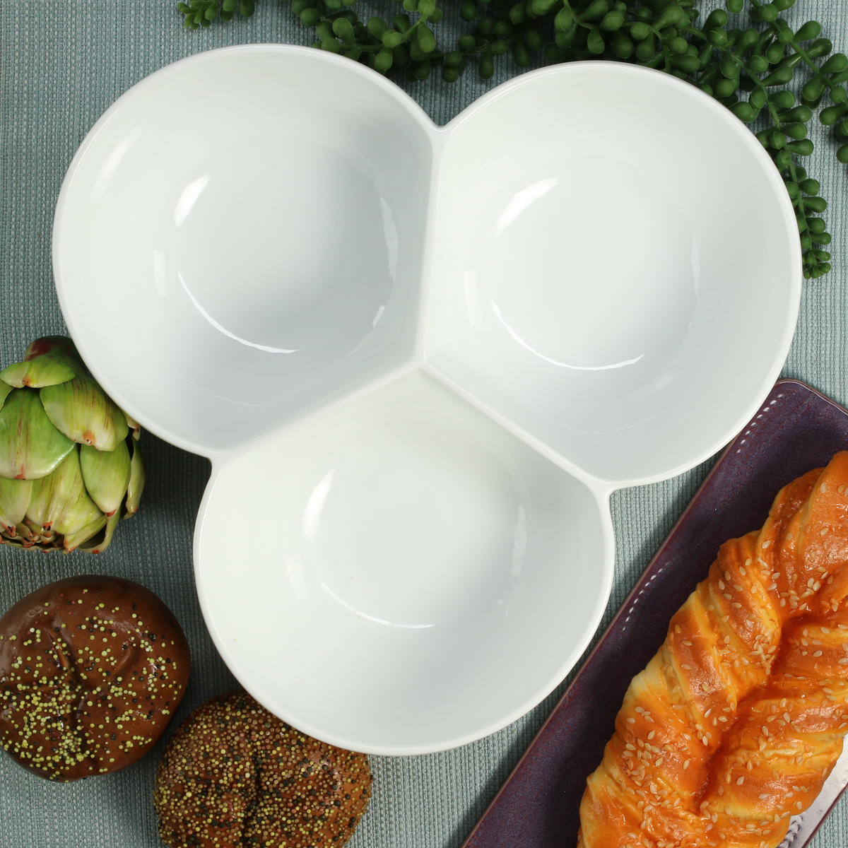 White Porcelain Three-Section Serving Bowls, 1-Quart, Set of 2 - Image 6