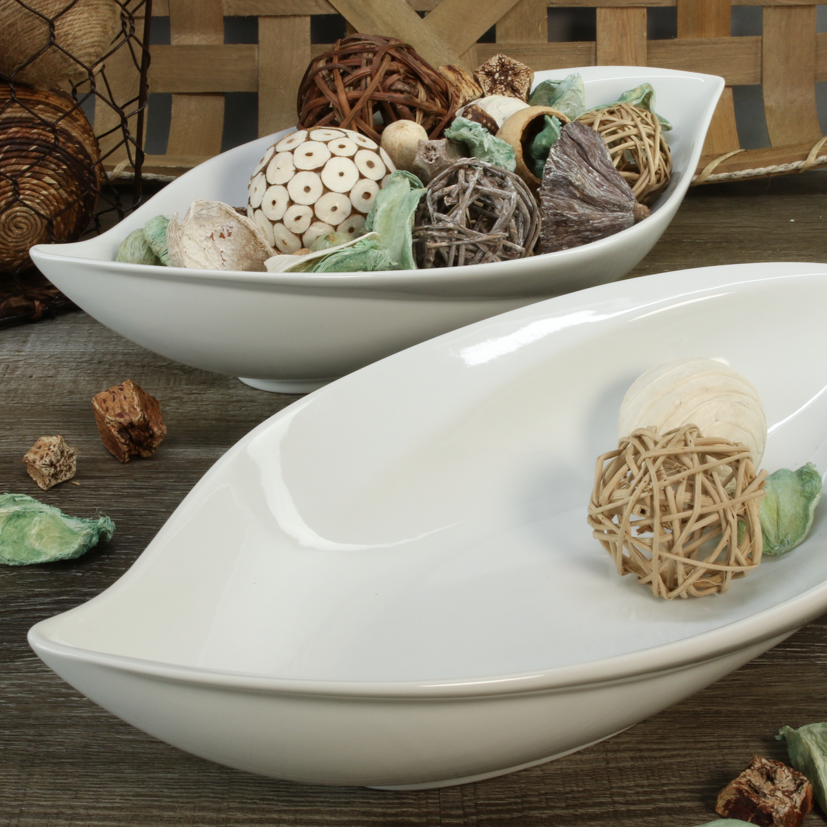 White Porcelain Leaf Serving Bowls, 16-Inch, Set of 2 - Image 7