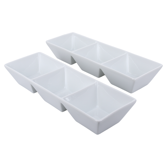 White Porcelain Three-Compartment Serving Trays, 11.75-Inch, Set of 2 - Image 1